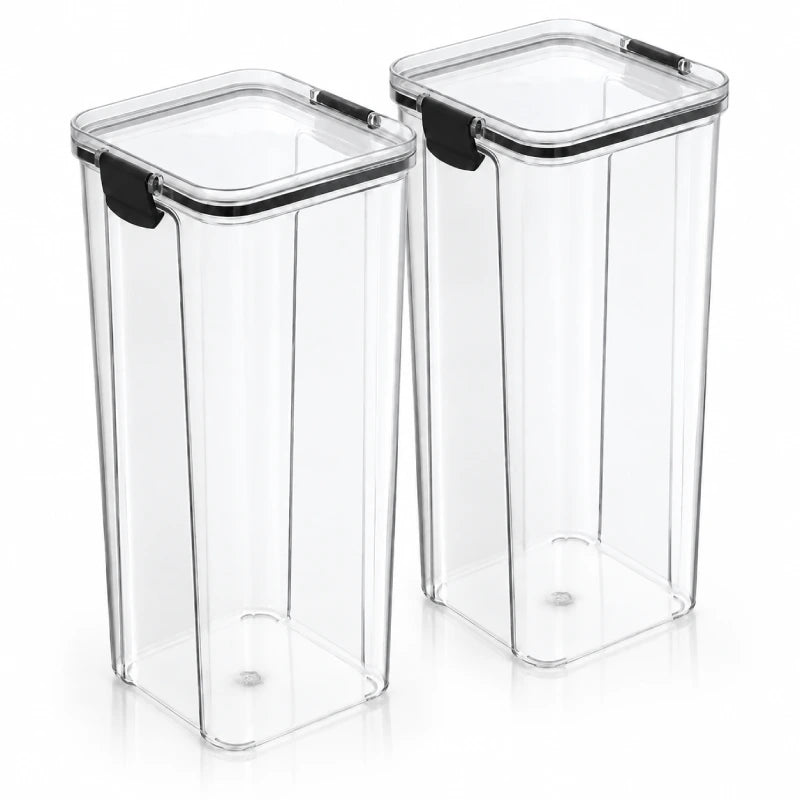 Boite croquettes chat - Stizi : duo de boîtes transparentes avec clips et joints noirs, sur fond blanc avec reflet discret - AstuceChat