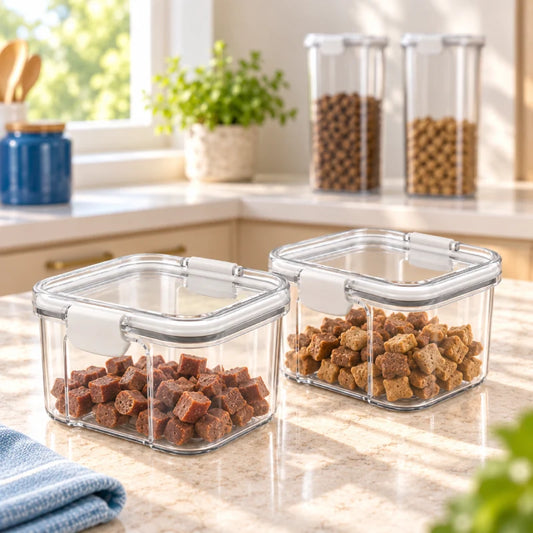 Boite friandise chat - Axini : duo blanc de petites boîtes à friandises et snacks au premier plan, avec deux grands conteneurs de croquettes flous à l’arrière-plan - AstuceChat