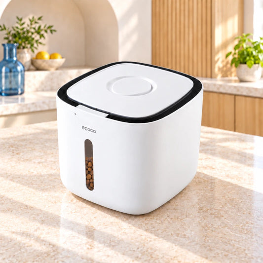 Boite hermetique croquette chat - Stoki : modèle blanc et noir avec croquettes visibles dans la fenêtre, en cuisine - AstuceChat