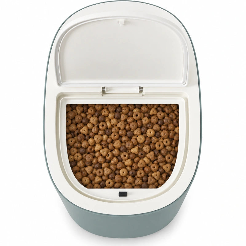 Boite pour croquette chat - Stemi : vue du dessus, clapet ouvert sur les croquettes - AstuceChat