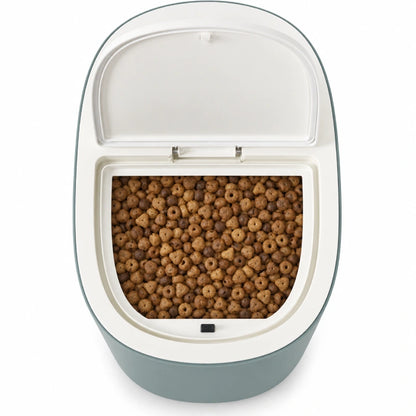 Boite pour croquette chat - Stemi : vue du dessus, clapet ouvert sur les croquettes - AstuceChat
