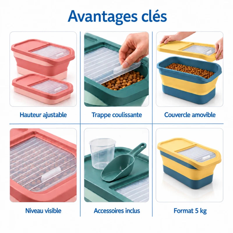Boîte rangement croquette - Stelia : hauteur ajustable, trappe coulissante, couvercle amovible, niveau visible, accessoires inclus et format 5 kg - AstuceChat
