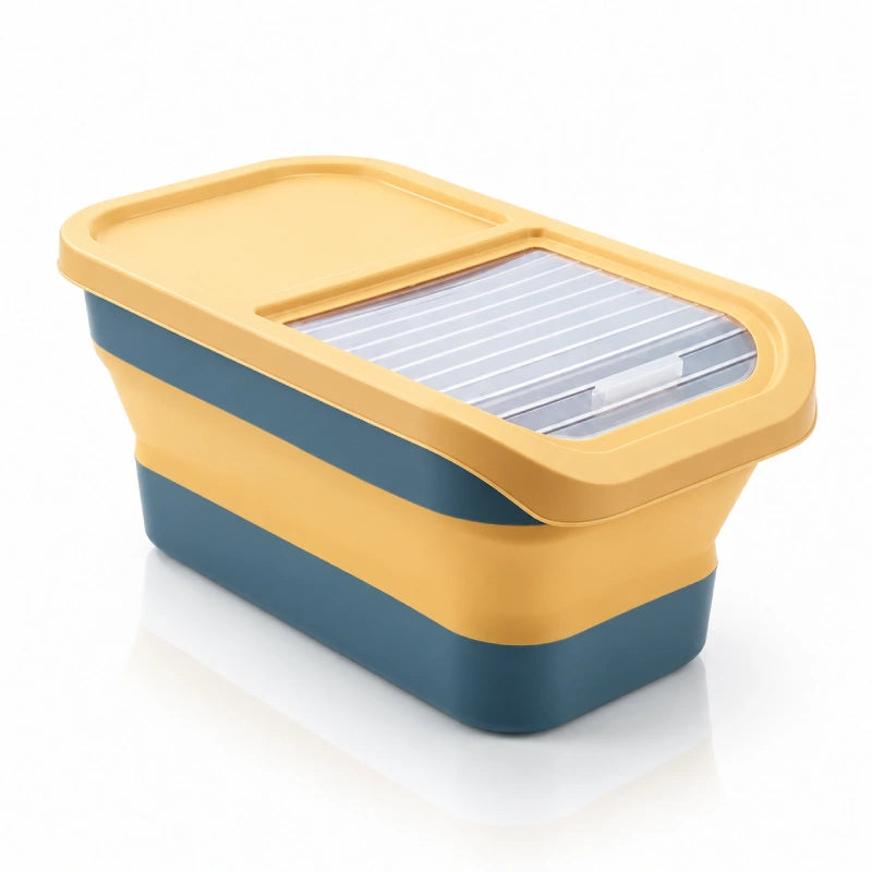 Boîte rangement croquette - Stelia : Jaune/Bleu vue de trois quarts sur fond blanc - AstuceChat
