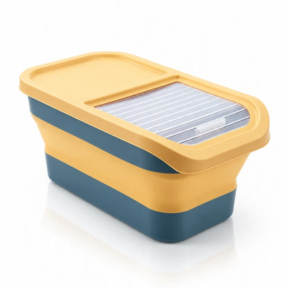 Boîte rangement croquette - Stelia : Jaune/Bleu vue de trois quarts sur fond blanc - AstuceChat