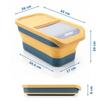 Boîte rangement croquette - Stelia : Jaune/Bleu, dimensions 43 × 26 × 20 cm, base 34,5 × 17 cm et hauteur repliée de 9 cm - AstuceChat