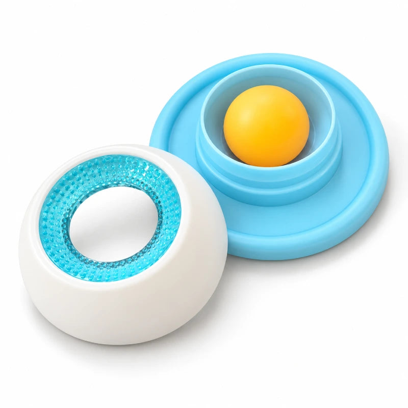 Bol anti glouton chat - Galang Bleu Horizon démonté avec boule jaune et anneau texturé - AstuceChat
