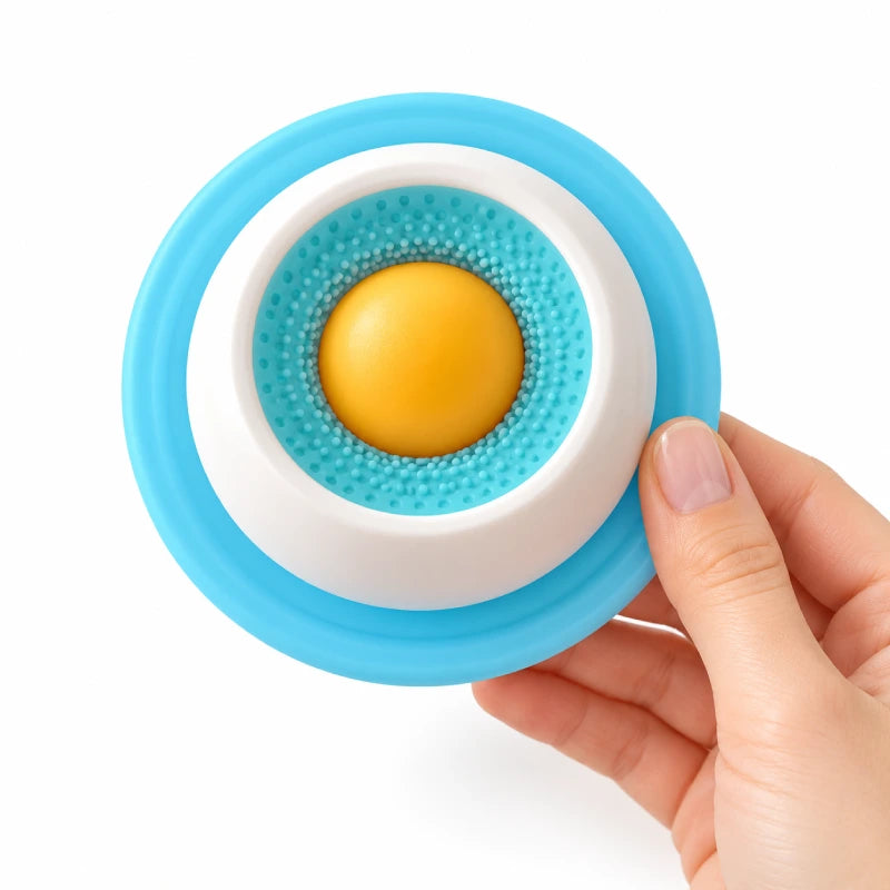Bol anti glouton chat - Galang Bleu Horizon tenu en main, vue du dessus - AstuceChat