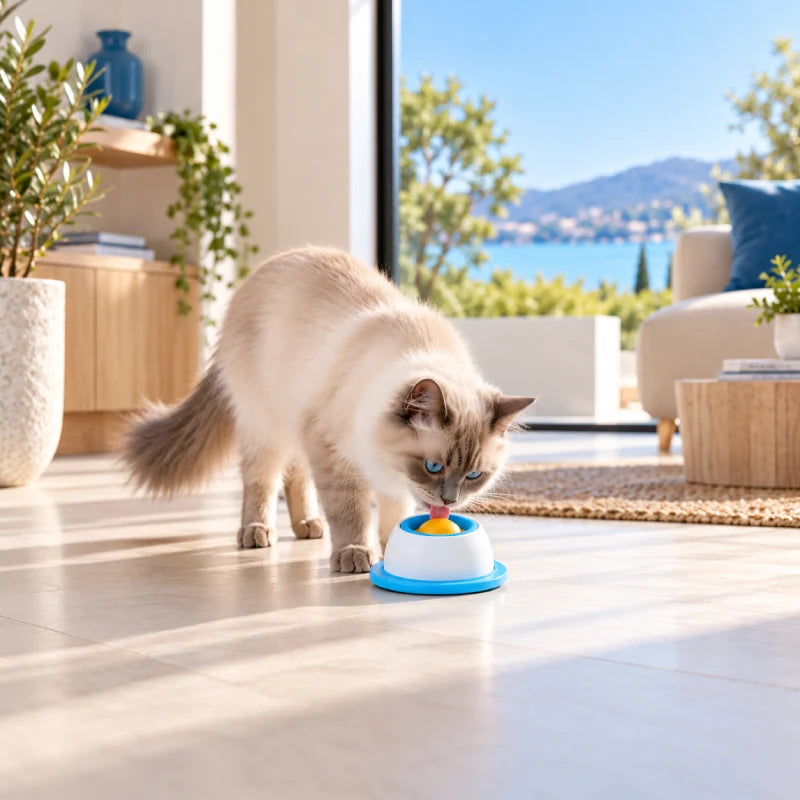 Bol anti glouton chat - Galang Bleu Horizon utilisé par un chat Ragdoll dans un intérieur lumineux - AstuceChat