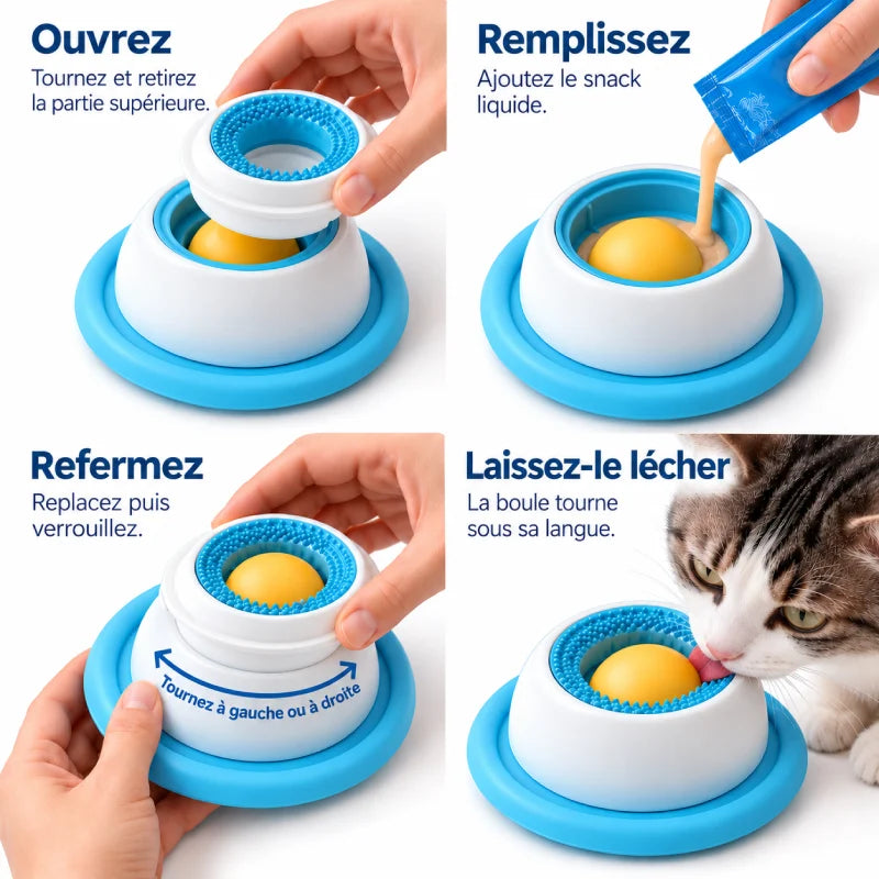 Bol anti glouton chat - Galang Bleu Horizon : ouverture, remplissage, fermeture et léchage - AstuceChat