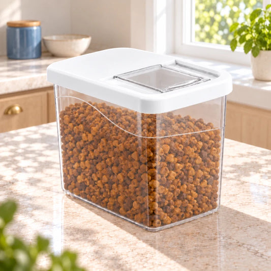Conteneur à croquettes chat - Stano : format Très grande capacité Blanc / Transparent rempli de croquettes sur un plan de travail de cuisine - AstuceChat