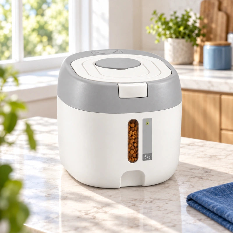 Conteneur croquette chat - Stova : 5 kg Gris Brume sur un plan de travail en pierre claire dans une cuisine lumineuse - AstuceChat