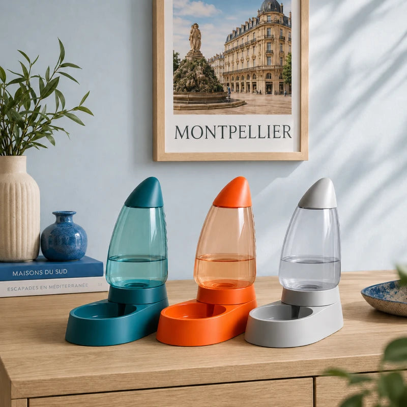 Distributeur automatique eau chat - Odubaï : Lagune Boréale, Mangue Givrée et Perle Lunaire avec design Montpellier - AstuceChat