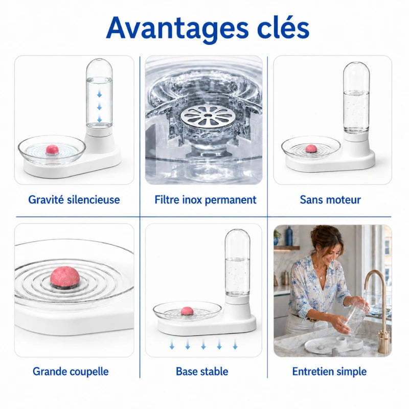 Distributeur d’eau pour chat à filtre inox permanent - Odis : avantages clés du produit - AstuceChat
