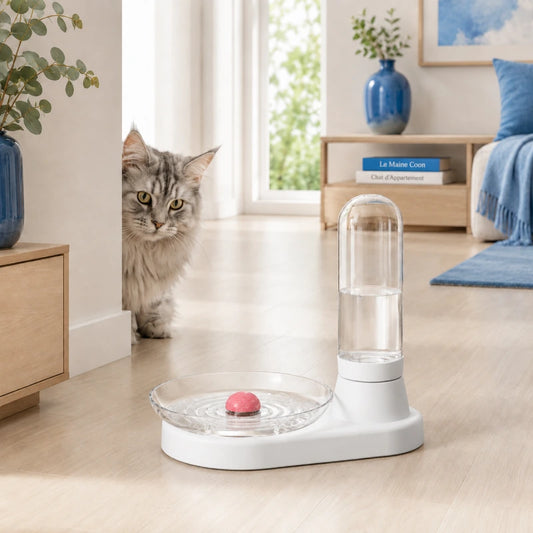 Distributeur d’eau pour chat à filtre inox permanent - Odis : vignette avec Maine Coon argenté et intérieur lumineux - AstuceChat