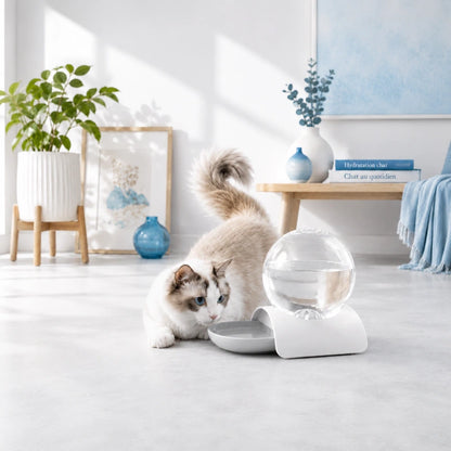 Distributeur d eau pour chat sans fil : Oline - Source Gris Perle lifestyle avec chat dans un décor bleu - AstuceChat
