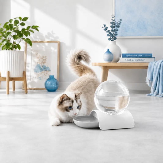 Distributeur d eau pour chat sans fil : Oline - Source Gris Perle lifestyle avec chat dans un décor bleu - AstuceChat