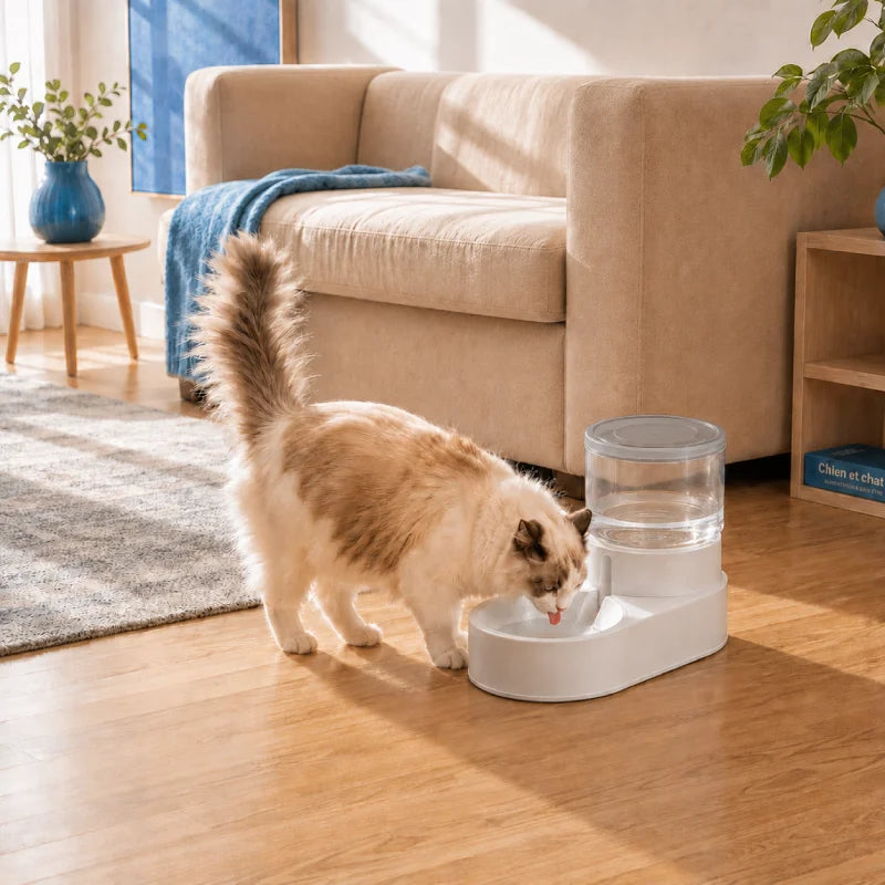 Distributeur eau chat design › Ovia : chat qui boit dans un salon lumineux Gris Brume - AstuceChat