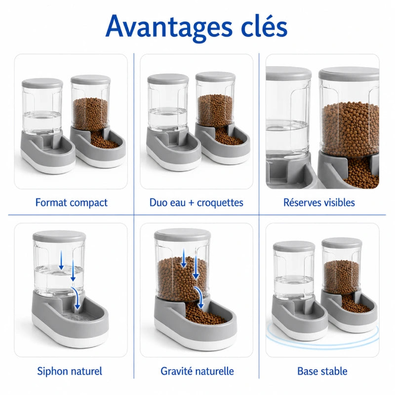 Distributeur eau croquettes compact chat - Duora : avantages clés de la station repas duo - AstuceChat