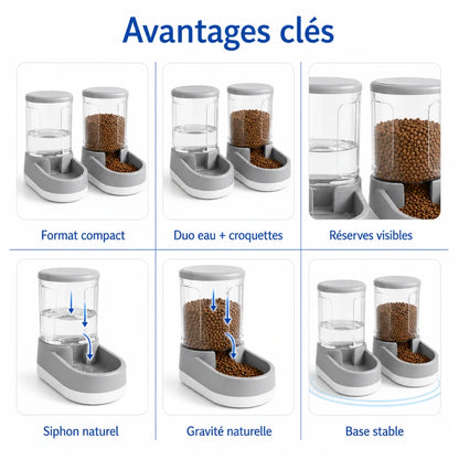 Distributeur eau croquettes compact chat - Duora : avantages clés de la station repas duo - AstuceChat