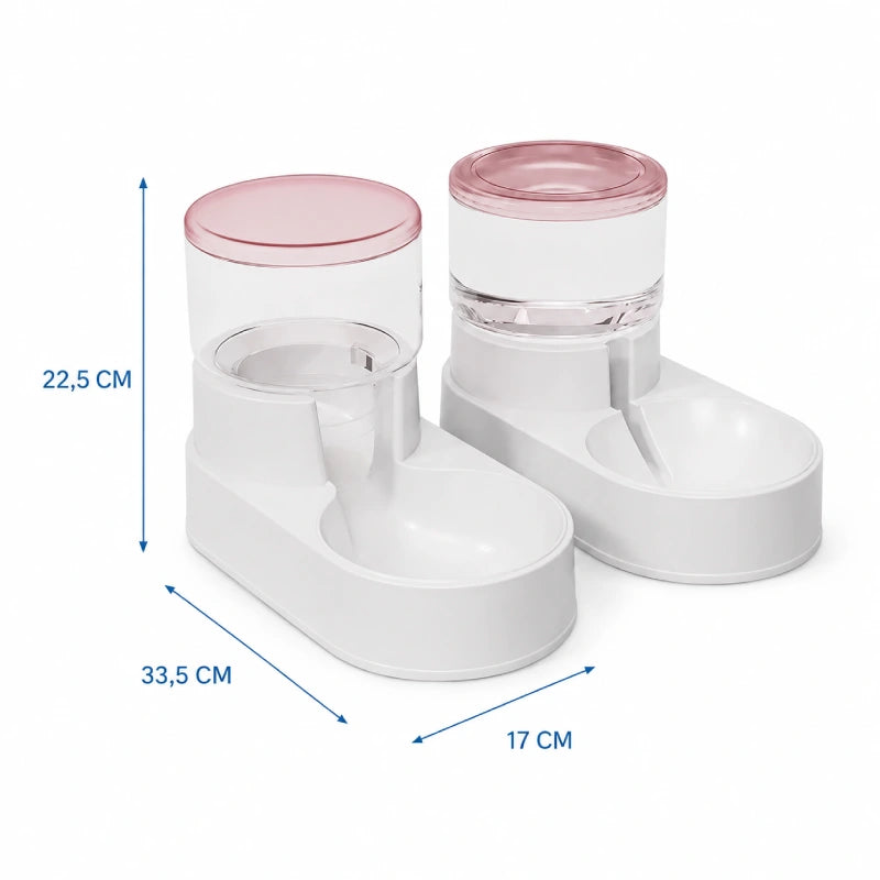 Distributeur eau croquettes design chat - Duovia : dimensions du duo, modèle Rose Poudré - AstuceChat