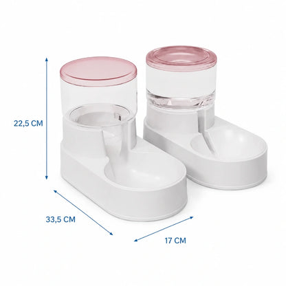 Distributeur eau croquettes design chat - Duovia : dimensions du duo, modèle Rose Poudré - AstuceChat