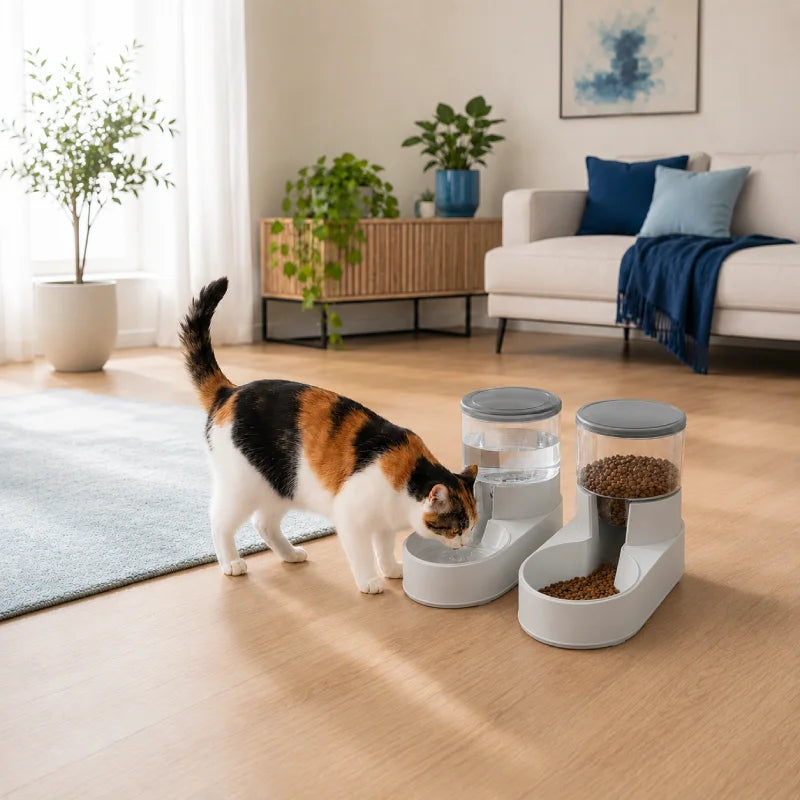 Distributeur eau croquettes design chat - Duovia : scène lifestyle avec chat, modèle Gris Brume - AstuceChat