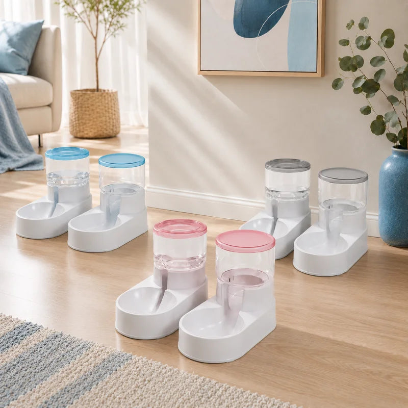 Distributeur eau croquettes design chat - Duovia : présentation des trois duos Bleu Givré, Rose Poudré et Gris Brume - AstuceChat