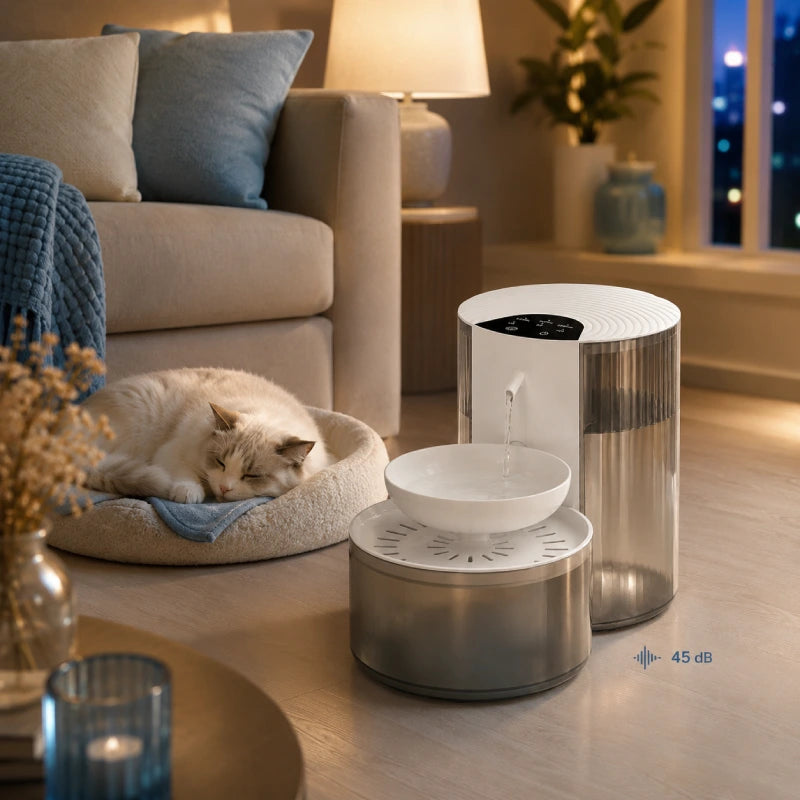 Distributeur eau intelligent chat - Orbia : lifestyle nuit 45 dB Graphite fumé - AstuceChat