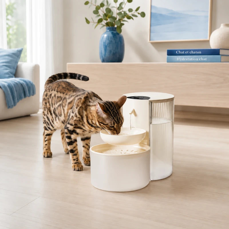 Distributeur eau intelligent chat - Orbia : chat Bengal qui boit sur modèle Ivoire Satin lifestyle intérieur - AstuceChat