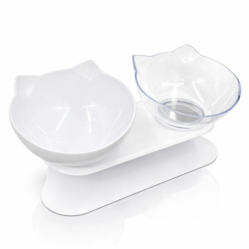 Double gamelle pour chat - Gaville : avec bol blanc ivoire et bol cristal clair sur support blanc - AstuceChat