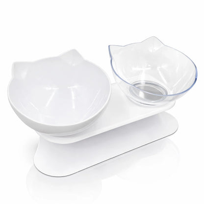Double gamelle pour chat - Gaville : avec bol blanc ivoire et bol cristal clair sur support blanc - AstuceChat