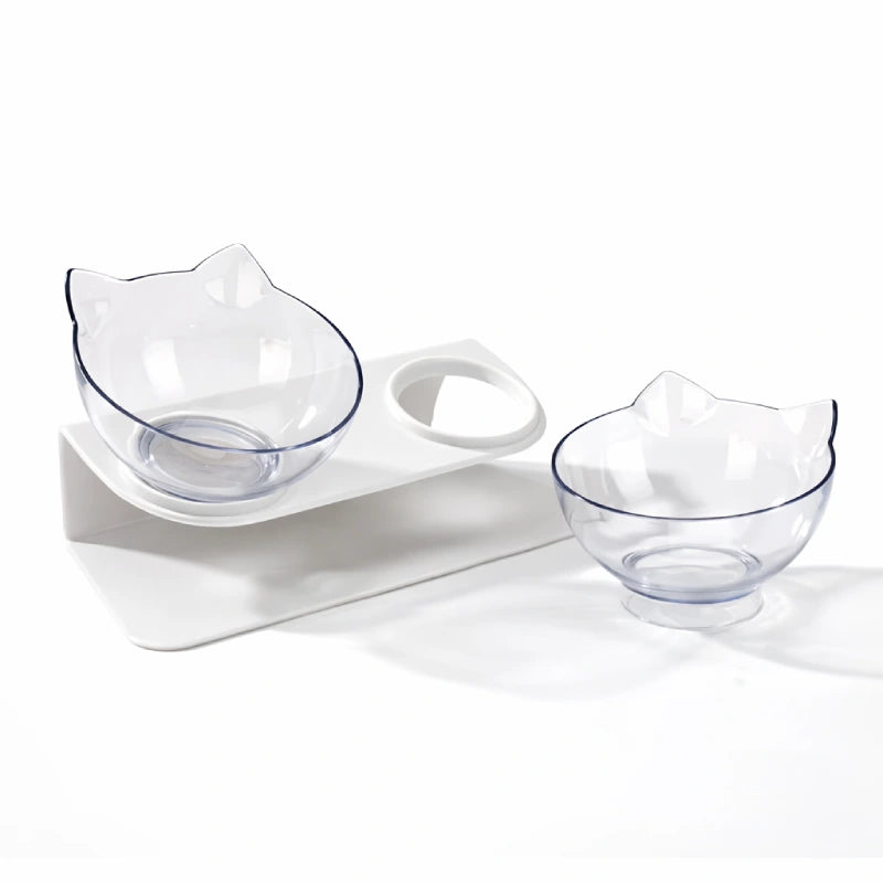 Double gamelle pour chat - Gaville : avec bols amovibles cristal clair et support blanc - AstuceChat