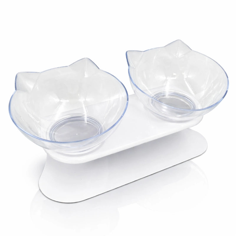 Double gamelle pour chat - Gaville : avec deux bols cristal clair sur support blanc - AstuceChat