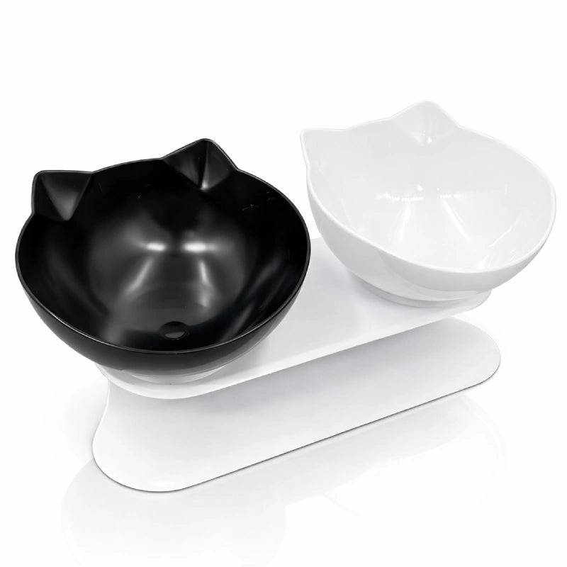Double gamelle pour chat - Gaville : avec bol noir onyx et bol blanc ivoire sur support blanc - AstuceChat