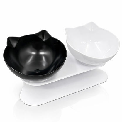 Double gamelle pour chat - Gaville : avec bol noir onyx et bol blanc ivoire sur support blanc - AstuceChat