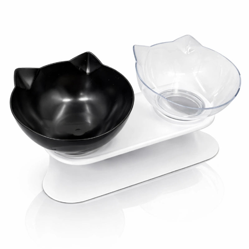 Double gamelle pour chat - Gaville : avec bol noir onyx et bol cristal clair sur support blanc - AstuceChat