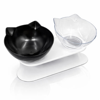 Double gamelle pour chat - Gaville : avec bol noir onyx et bol cristal clair sur support blanc - AstuceChat