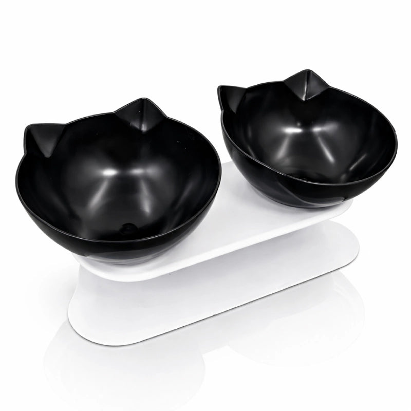 Double gamelle pour chat - Gaville : avec deux bols noirs onyx sur support blanc - AstuceChat