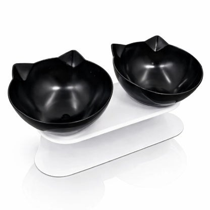 Double gamelle pour chat - Gaville : avec deux bols noirs onyx sur support blanc - AstuceChat