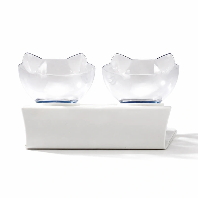 Double gamelle pour chat - Gaville : vue arrière avec deux bols cristal clair sur support blanc - AstuceChat