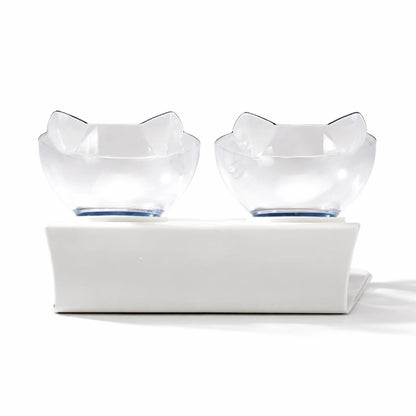 Double gamelle pour chat - Gaville : vue arrière avec deux bols cristal clair sur support blanc - AstuceChat