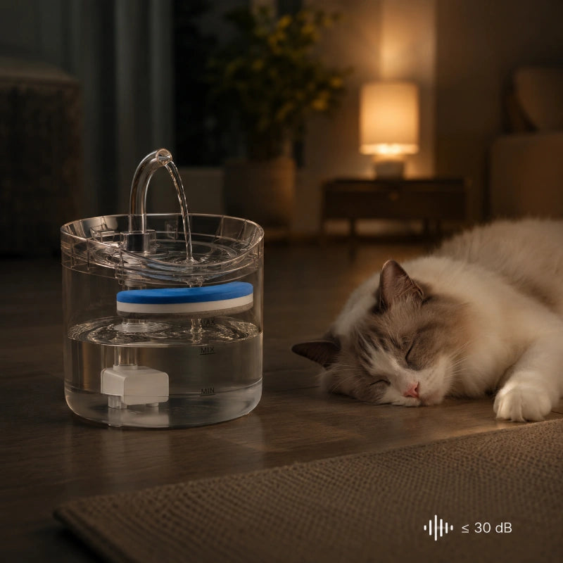 Fontaine à eau chat avec capteur de mouvement - Onoblia : fontaine silencieuse avec chat endormi - AstuceChat
