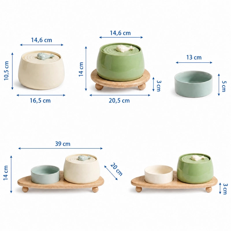 Fontaine à eau chat céramique - Okeram : dimensions des modèles et du socle bois - AstuceChat