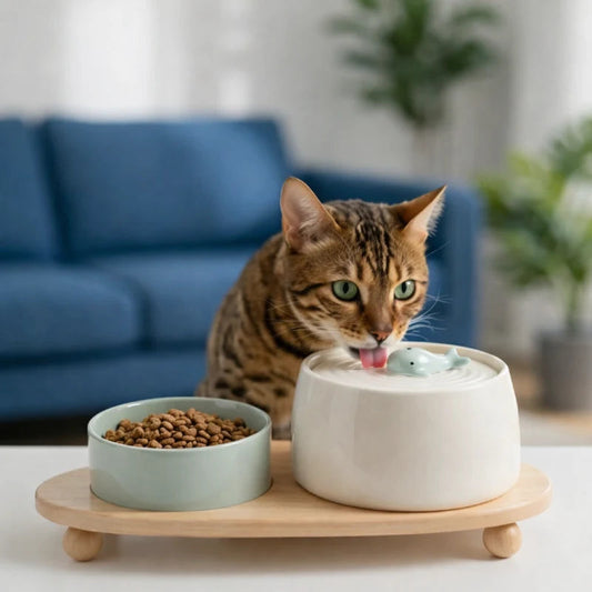Fontaine à eau chat céramique - Okeram : duo complet avec chat Bengal - AstuceChat