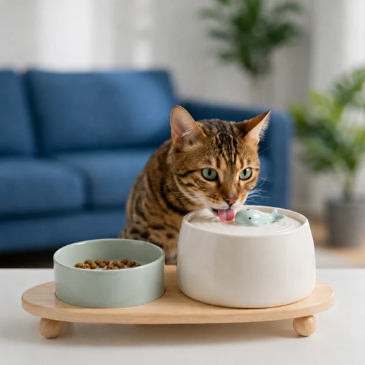 Fontaine à eau chat céramique - Okeram : duo complet avec chat Bengal - AstuceChat