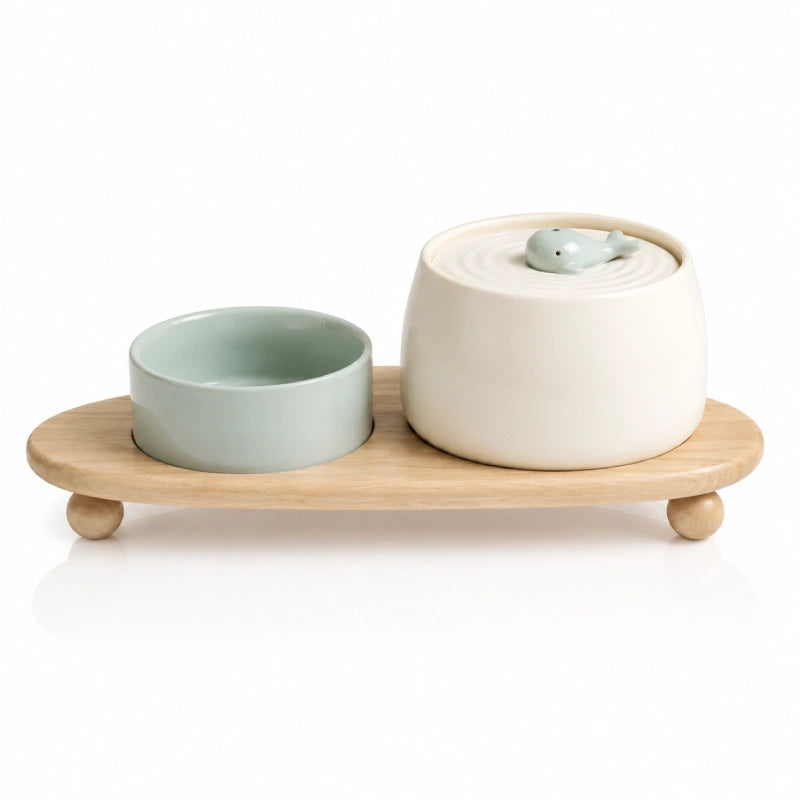 Fontaine à eau chat céramique - Okeram : duo complet avec socle bois Écorce Beige - AstuceChat