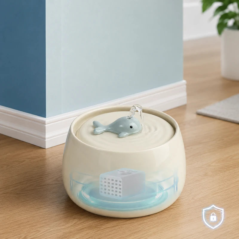 Fontaine à eau chat céramique - Okeram : Écorce Beige avec eau en mouvement - AstuceChat
