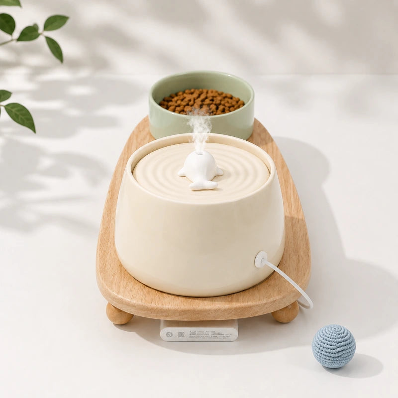 Fontaine à eau chat céramique - Okeram : Écorce Beige avec socle bois - AstuceChat