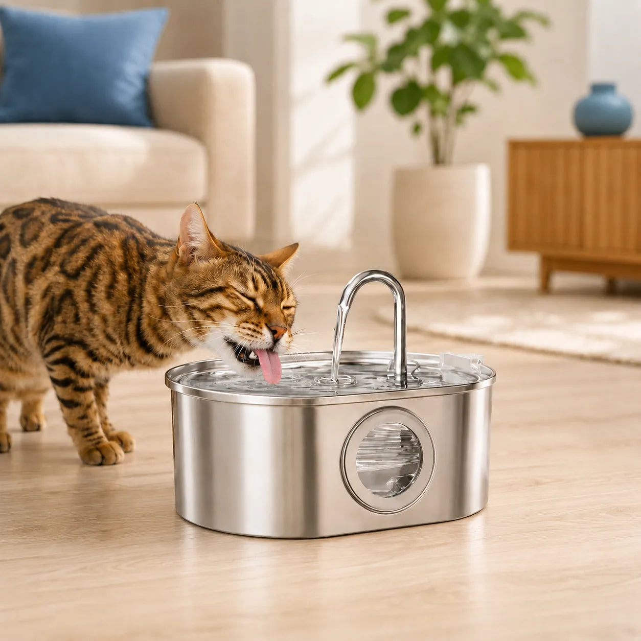Fontaine a eau chat inox - Onox : avec chat bengal - AstuceChat
