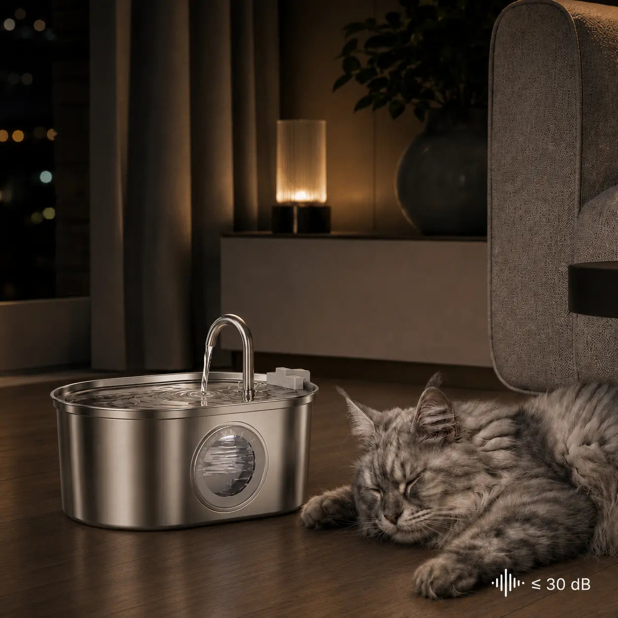 Fontaine a eau chat inox - Onox : pompe silencieuse avec chat maine coon gris - AstuceChat